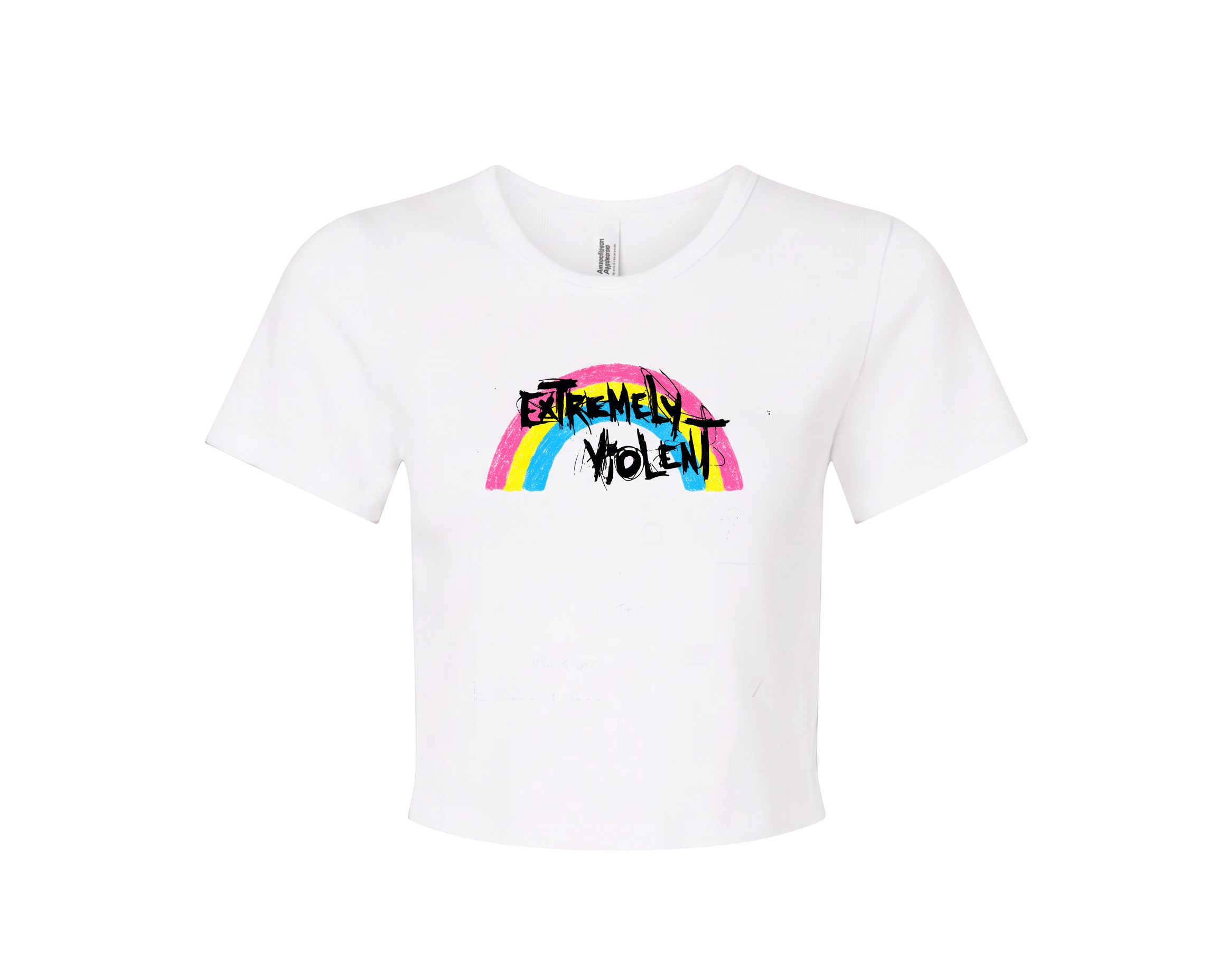 White crop t-shirt with 'Extremely Violent' hand-scrawled across a pastel rainbow