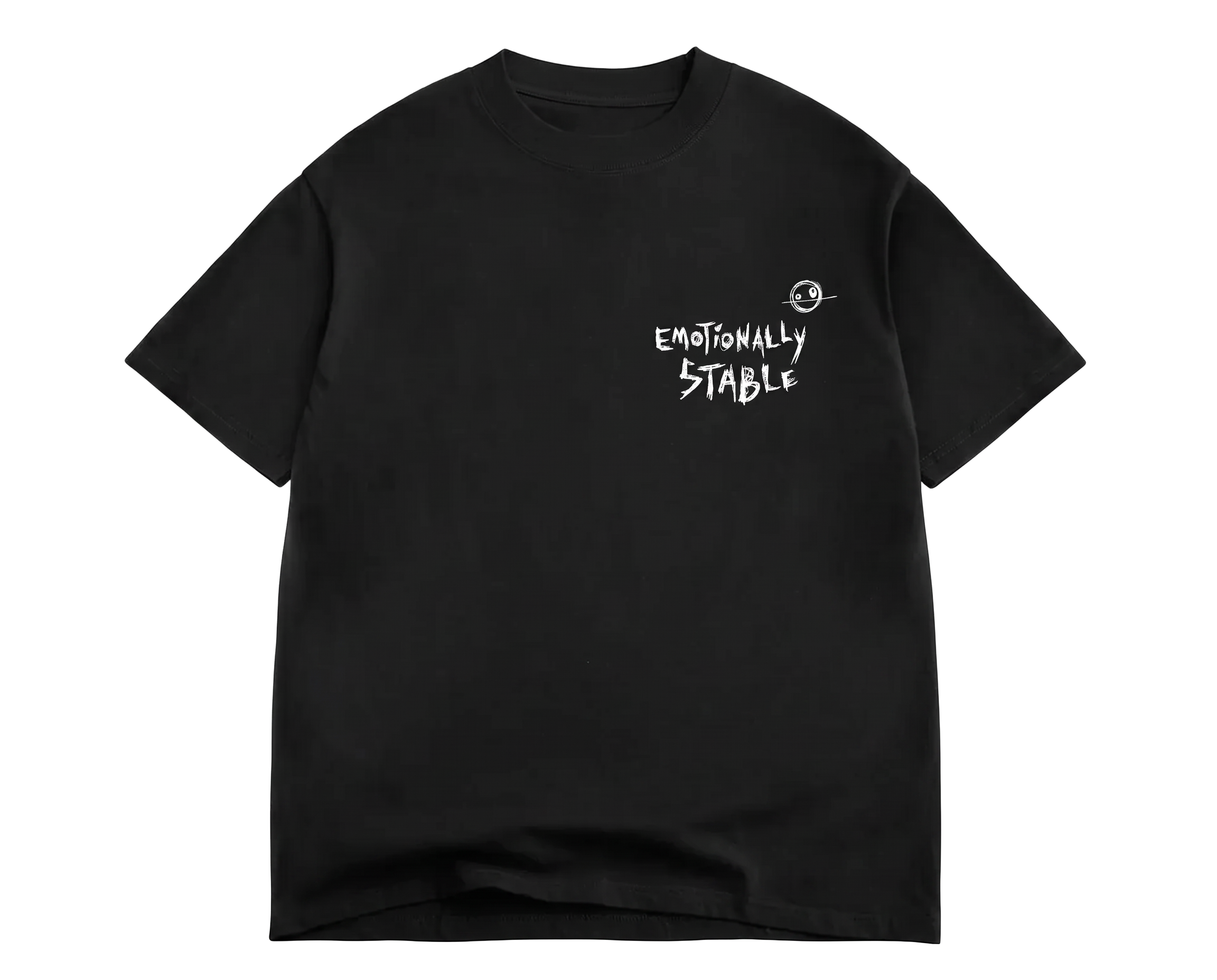 Black t-shirt with a white hand-scrawled 'Emotionally Stable' chest print and a small smiley doodle
